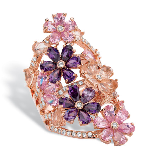 Pink and Purple Cubic Zirconia and Crystal Flower Cluster Ring 5.99 TCW in Rose Goldtone