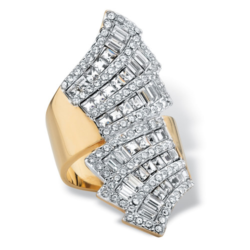 Step-Top Baguette Crystal Bypass Cocktail Ring Yellow Gold-Plated