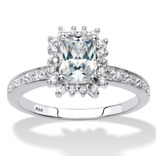 Emerald-Cut Created White Sapphire and Diamond Accent Halo Engagement Ring 1.60 TCW in Platinum-plated Sterling Silver
