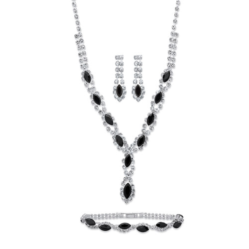 Marquise-Cut Black and White Crystal 3-Piece Halo Earrings, Twisted Strand Necklace and Bracelet Set in Silvertone 18"-23"