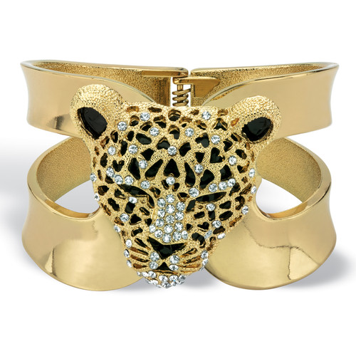 Crystal Leopard Hinged Cuff Bangle Bracelet in Goldtone (50mm)