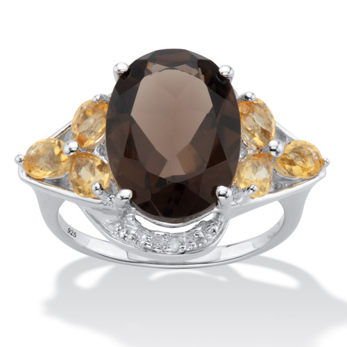 Oval Cut Smoky Topaz Cocktail Ring with Citrine and Diamond Accents 6.41 TCW Sterling Silver