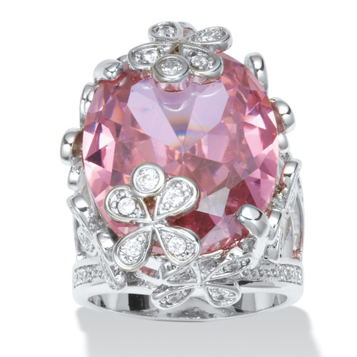 21.43 TCW Oval-Cut Pink Cubic Zirconia Butterfly and Flower Ring in Silvertone