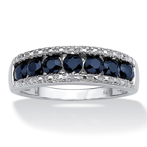 1.06 TCW Genuine Round Blue Sapphire and Diamond Accent Ring in Platinum-plated Sterling Silver