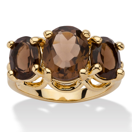 4.90 TCW Oval Cut Genuine Smoky Quartz Yellow Gold-Plated 3-Stone Ring