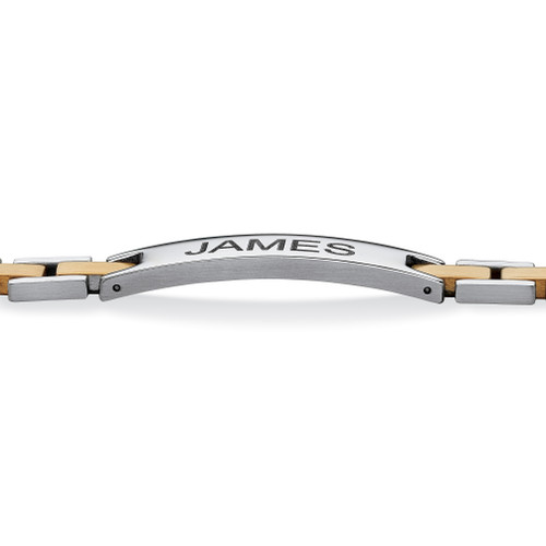 Men's Two-Tone Bar-Link Personalized I.D. Bracelet in Gold Ion-Plated Stainless Steel 8 1/4"