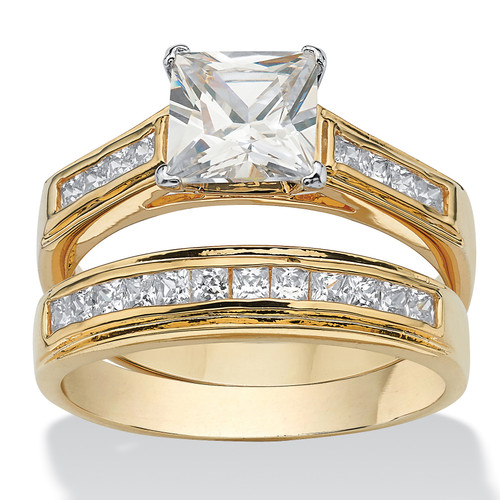 2.92 TCW Princess-Cut Cubic Zirconia Yellow Gold-Plated Bridal Engagement Ring Wedding Band Set