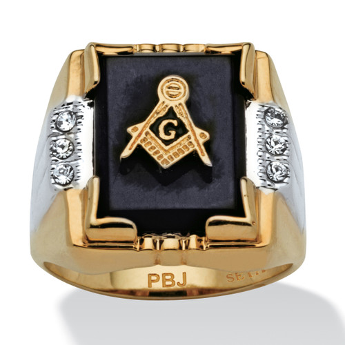 Men's Genuine Onyx and Crystal Two-Tone Masonic Ring Gold-Plated Sizes 8-16