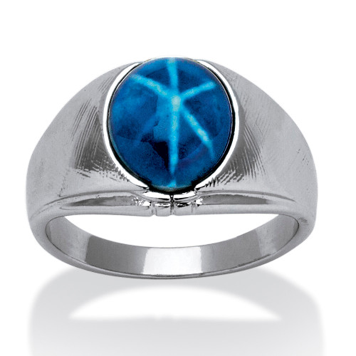 Men's Oval Simulated Blue Star Sapphire Ring in Silvertone