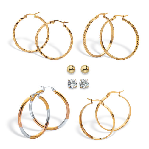 6-Pair CZ Stud & Hoop Set 4 TCW Goldtone & Gold Ion Plated Stainless Steel