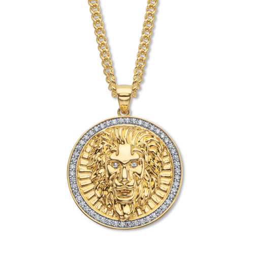 Round White Endless Cubic Zirconia Lion Head Pendant 24" Length Curb-Link Chain 1.02 TCW 14k Gold-Plated