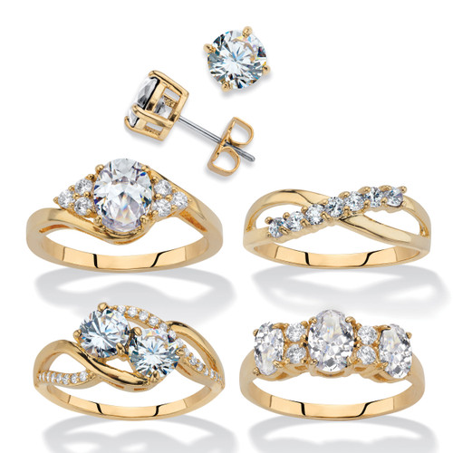 Round Cubic Zirconia 5-Piece Stud Earring and Ring Set 18.23 TCW Gold-Plated