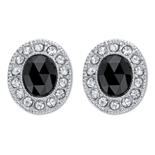 Oval Checkerboard Cut Simulated Black Onyx With Crystal Accent Earrings Silvertone Omega Back