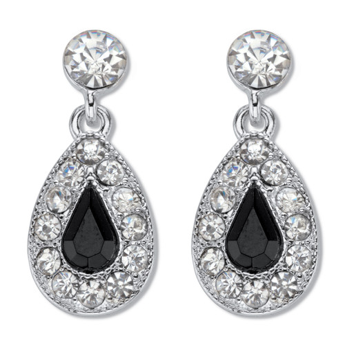 Silvertone Simulated Pear Cut Black Onyx and Round Crystals Drop Earrings