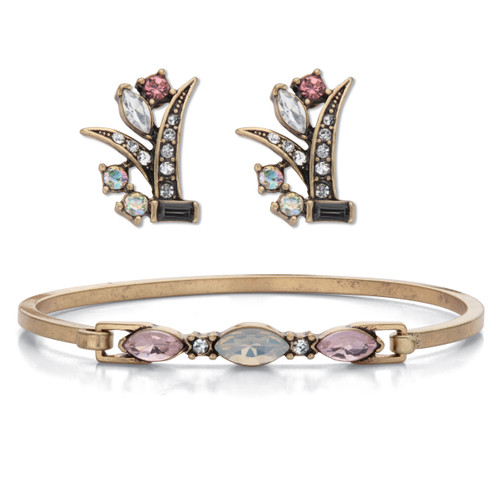 Marquise Cut Fiery Aurora Borealis Crystal 2 Piece Bracelet and Earring Set Antiqued Goldtone