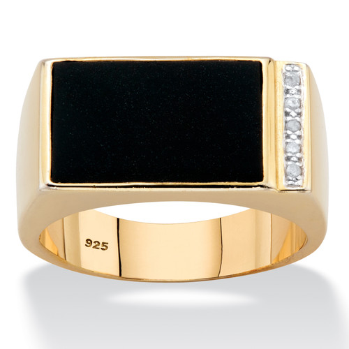 Men's Genuine Black Onyx and Diamond Accent 14k Gold-plated Sterling Silver Polished Rectangular Ring