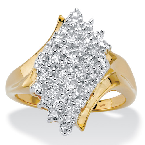 Round Diamond Diagonal Wave Cluster Ring 1/8 TCW in Solid 10k Yellow Gold