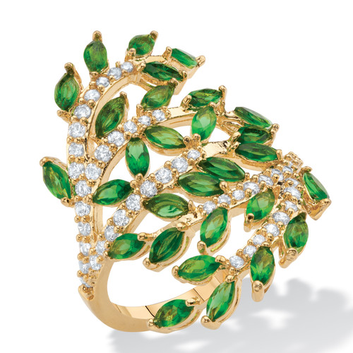 Marquise-Cut Simulated Green Emerald and CZ Wraparound Bypass Cocktail Ring 3.25 TCW Gold-Plated