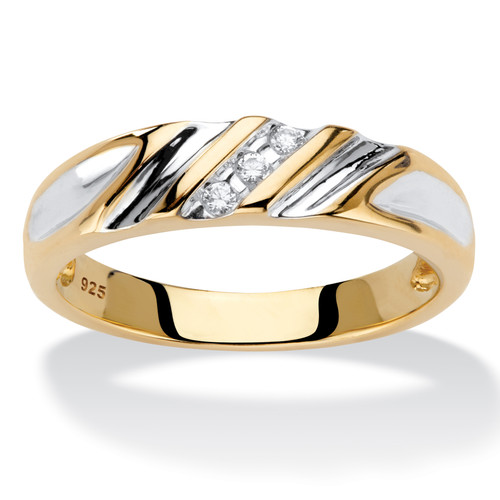 Men's Diamond Accent Two-Tone Diagonal Grooved Wedding Band in 18k Gold-plated Sterling Silver