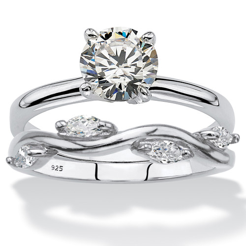 Round and Marquise-Cut Cubic Zirconia 2-Piece Solitaire and Vine Ring Wedding Set 1.48 TCW in Sterling Silver