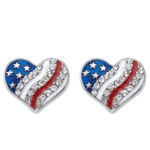 Crystal and Enamel Heart-Shaped American Flag Patriotic Holiday Earrings in Stainless Steel