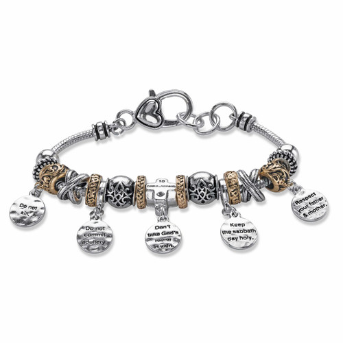 Ten Commandments Bali-Style Beaded Charm Bracelet in Two-Tone Goldtone and Silvertone 8"