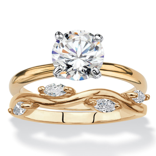 Round Cubic Zirconia 2-Piece Solitaire and Vine Wedding Ring Set 2.40 TCW Yellow Gold-Plated
