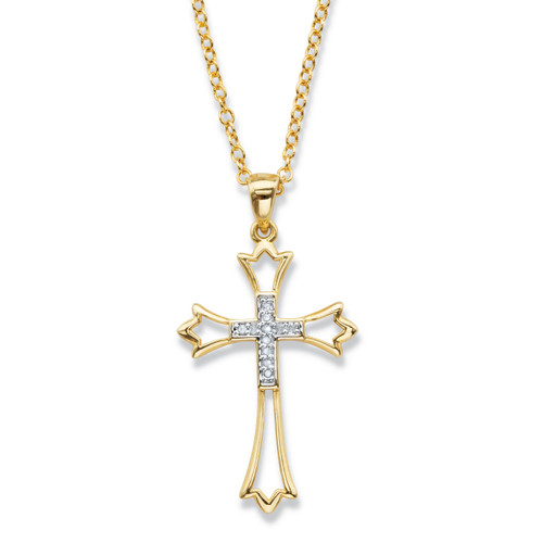 Round Diamond Cross Pendant Necklace 1/10 TCW Gold-Plated 18"-20"