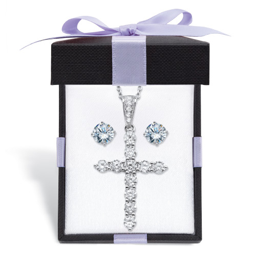 Round Cubic Zirconia Stud Earrings and Cross Pendant Necklace 2-Piece Set 2.14 TCW in Sterling Silver With FREE Gift Box 18"-20"