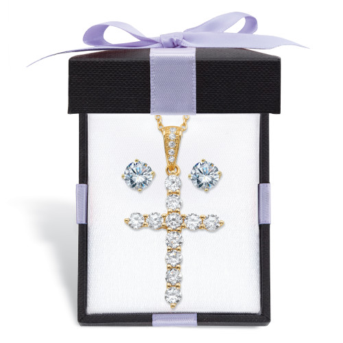 Cubic Zirconia Stud Earrings and Cross Pendant Necklace 2-Piece Set 2.14 TCW in 14k Gold over Sterling Silver With FREE Gift Box 18"-20"