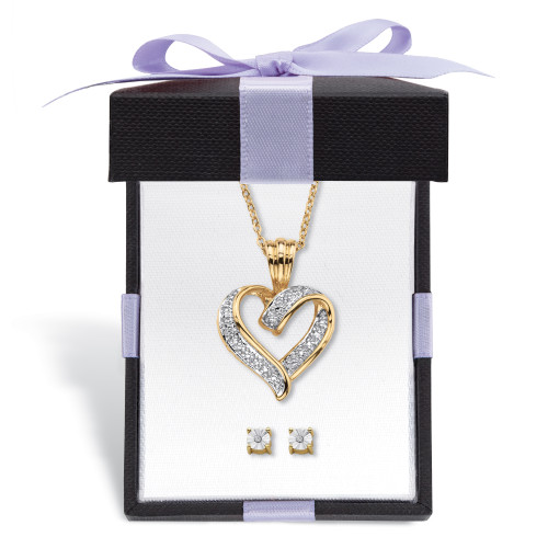 Diamond Accent 2-Piece Stud Earrings and Heart Necklace Set Gold-Plated With FREE Gift Box 18"-19"