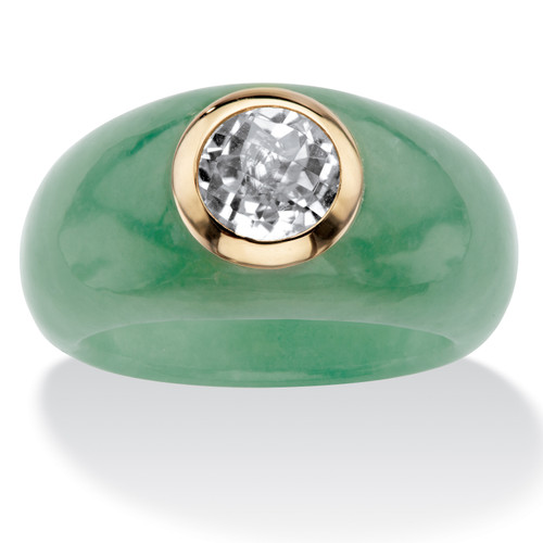 Genuine Green Jade and White Topaz Accent Ring 1.55 TCW in Solid 10k Yellow Gold