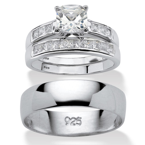 Cushion-Cut Cubic Zirconia His and Hers Trio Wedding Ring Set 1.94 TCW in Sterling Silver