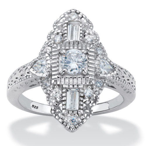 Round Cubic Zirconia  Art Deco-Style Navette Ring 1.03 TCW in Platinum-plated Sterling Silver