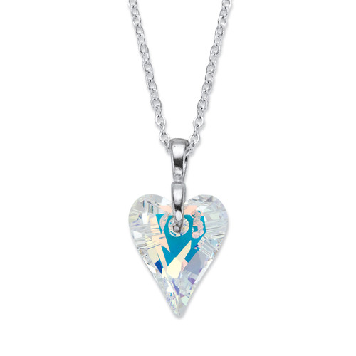 Aurora Borealis Faceted Crystal Heart Pendant Necklace in Silvertone 17"-18.5"