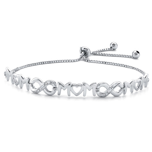 Diamond Accent "Mom" Infinity Drawstring Slider Bracelet in Sterling Silver 10" Adjustable