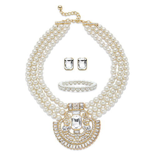 Crystal and Simulated Pearl Goldtone 3-Piece Triple-Strand Necklace, Stud Earring and Stretch Bracelet Set 17"-19" (8mm)