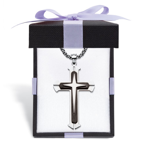 Men's Triple Layered Cross and Necklace in Black Ion-Plated Stainless Steel with FREE Bow-Tied Gift Box 24"