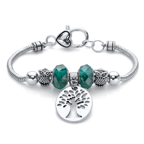 Green Beaded Tree of Life and Owl Bali-Style Charm Bracelet in Silvertone 7.5"