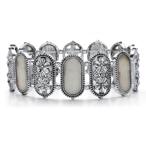 Oval Simulated Mother-of-Pearl Antiqued Silvertone Daisy Stretch Bracelet 7"