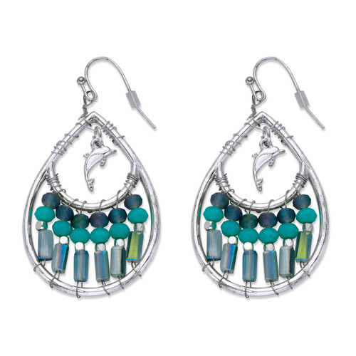Blue Beaded Simulated Turquoise Crystal Teardrop-Shaped Dolphin Charm Drop Earrings in Silvertone 1 5/8"