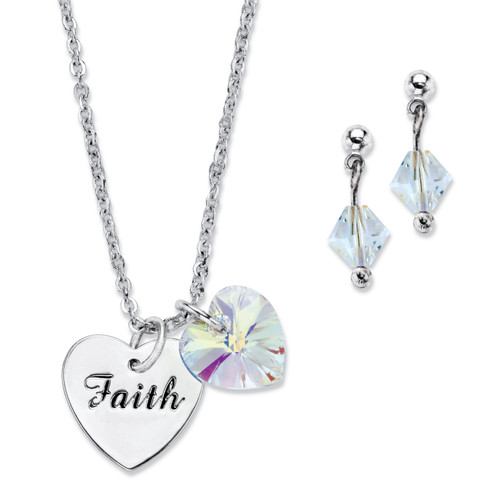 Aurora Borealis Crystal Silvertone Heart and "Faith" Charm Earring and Necklace Set 18"-20"