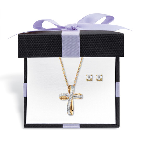 Diamond Accent 2-Piece Stud Earrings and Cross Necklace Set Gold-Plated With FREE Gift Box 18"-19"