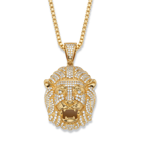 Men's Cubic Zirconia Lion's Head Pendant Necklace 2.06 TCW Gold-Plated 22"