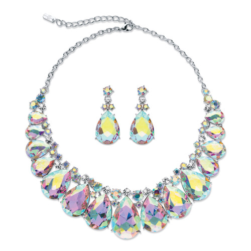 Pear-Cut Aurora Borealis Crystal 2-Piece Drop Earrings and Bib Necklace Set in Silvertone 16"-18.5"