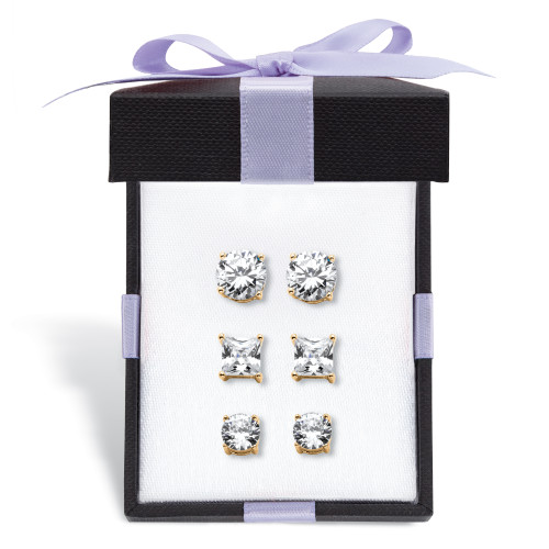 Round and Princess-Cut Cubic Zirconia 3-Pair Stud Earring Gift Set 9.20 TCW in 14k Gold-plated Sterling Silver With FREE Gift Box