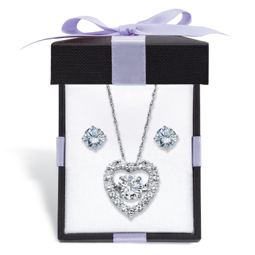 Cubic Zirconia Stud Earrings and CZ in Motion Heart Necklace Set 2.46 TCW in Platinum over Sterling Silver With FREE Gift Box 18"