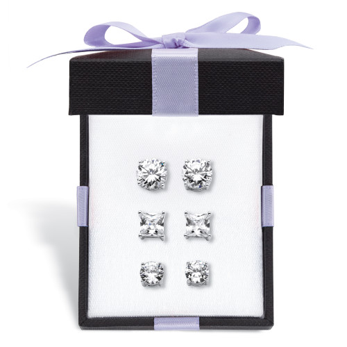 Round and Princess-Cut Cubic Zirconia 3-Pair Stud Earring Gift Set 9.20 TCW in Sterling Silver With FREE Gift Box