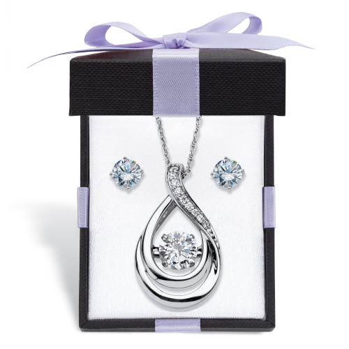 Cubic Zirconia Stud Earrings and CZ in Motion Looped Necklace Set 2.06 TCW in Platinum-plated Sterling Silver With FREE Gift Box 18"
