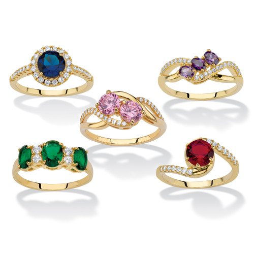 Round and Oval-Cut Simulated Gemstone and Cubic Zirconia 5-Piece Ring Set 7.79 TCW Gold-Plated